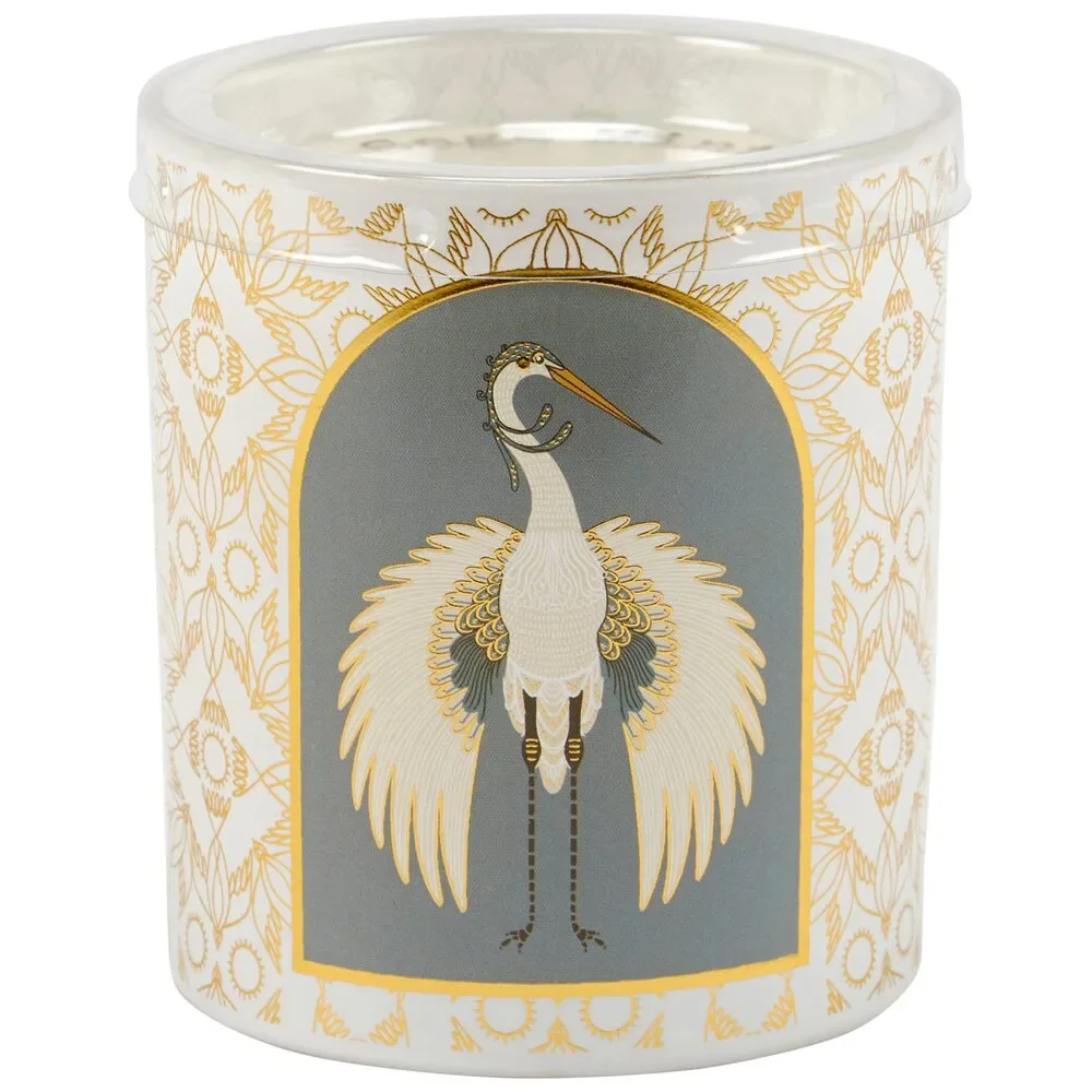 Nouveau Crane Sage Scent Jar Candle | Bird Pattern Metallic Gold Accent Frosted